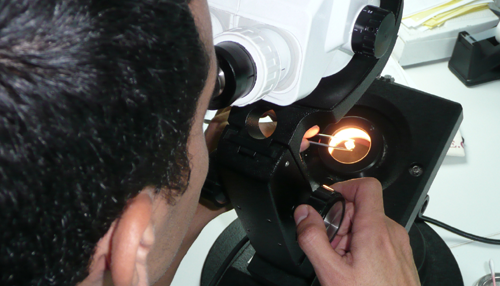 Inspecting a diamond at the GWLAB laboratory