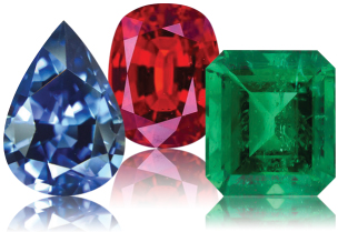 Sapphire, ruby and emerald gems